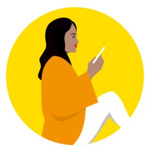 Icon of a woman using a messaging app to represent how to stay connected to family and friends