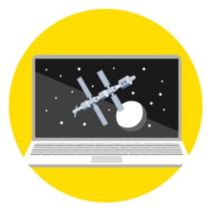 Icon of a laptop with the International Space Station on the screen to represent how to stay connected to family and friends
