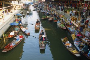 High angle view of boats, Damnoen Saduak Floating Market, Bangkok, Thailand