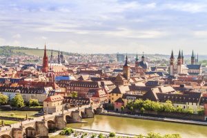 Wuerzburg City Panorama. Medieval City with famous church towers in Bavaria near Munich